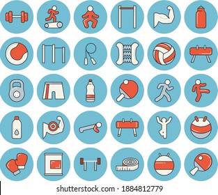 Thin line blue tinted icon set - dumbbell flat vector, barbell, weight, volleyball, centimeter, muscles, skipping rope, carpal expander, parallel bars, sports equipment horse, pear, athletic shorts