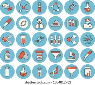 Juego de íconos de color azul claro - vector plano químico, dióxido de carbono, embudo, moléculas, píldoras, vial, pipeta, análisis de sangre, microscopio, ampolla, ADN, matraz, molécula, átomo, científico, zapatillas