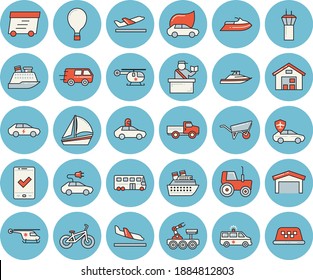 Juego de íconos de color azul delgado - carretilla vectora plana, camioneta, tractor, eco-coches, eléctrico, piloto automático, almacén, camionaje, envío expreso, velero, ambulancia, helicóptero, resaca lunar