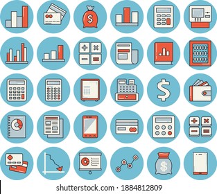 Thin line blue tinted icon set - crisis flat vector, credit card, dollar, purse, wealth, scatter chart, news, book balance accounting, calculator, cash machine, statistic, abacus, dispenser, safe