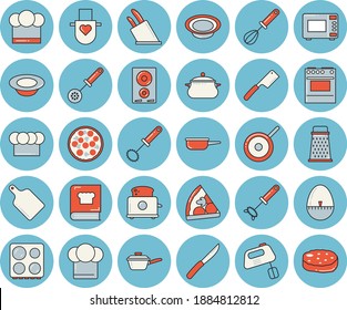 Thin line blue tinted icon set - saucepan flat vector, saute, teflon, cook hat, apron, kitchen spoon, whisk, egg timer, knives, cutting board, electric stove, induction cooker, microwave, toaster