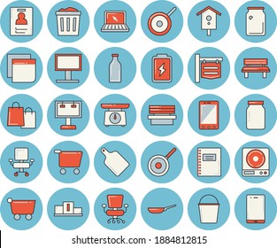 Thin line blue tinted icon set - frying pan flat vector, teflon, weighing machine, cutting board, glass jar, nesting box, bucketful, bench, battery, bottles, grocery trolley, signboard, billboard