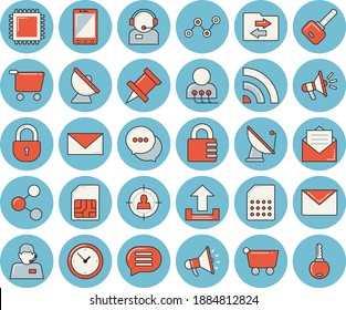 Juego de iconos tintados de color azul de línea delgada - antena satelital vector plano, tarjeta SIM, vagón de comestibles, público objetivo, operador de teléfono, gráfico de dispersión, boquilla, chat, diagnóstico, cpu, compartir, transmitir