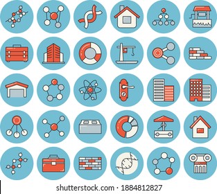 Juego de íconos de tintado azul de línea delgada - vectores planos de casa, pared de ladrillo, bolsa de herramientas, cerradura de puerta, rascacielos, pozo, grúa, almacén, jerarquía, moléculas, ADN, edificio de oficinas, diagrama de clircle, molécula, átomo