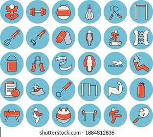 Juego de íconos de tintado de color azul delgado - cacerola de senderismo vector plano, whisk, píldoras, dumbbell, barbell, dieta, centímetro, músculos, cuerda de salto, expansor de carpal, barras paralelas, caballo de equipamiento deportivo, pera, yoga