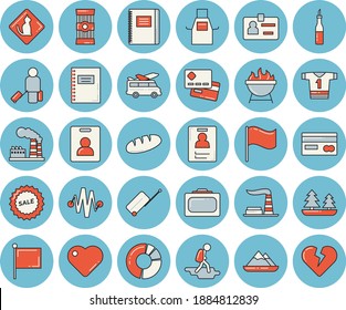 Thin line blue tinted icon set - apron flat vector, barbecue, spaghetti, sauce, bread, factory, forest, credit card, flag, sell out, heart, clircle diagram, badge, notebook, sport T shirt, indentity