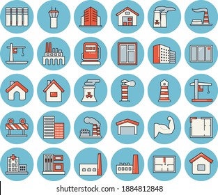 Thin line blue tinted icon set - house flat vector, window, layout, skyscraper, heating batteries, barrier, gas station, refueling, factory, manufactory, plant, crane, lighthouse, warehouse, muscles