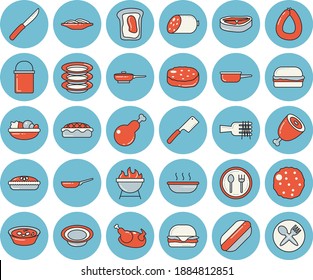 Thin line blue tinted icon set - frying pan flat vector, hiking pot, saute, knives, barbecue, table setting, plates, chop, sausage, spaghetti on a fork, hamburger, hot dog, dish, salad, soup, pie