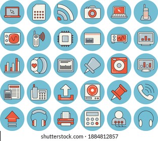 Thin line blue tinted icon set - calculator flat vector, weighing machine, motherboard, SIM card, phone call, barcode, diagnostics, computer chart, statistic, telephone, printer, laptop, broadcast