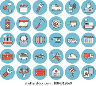 Thin line blue tinted icon set - hook flat vector, tool, bag, repair, hammer, accumulator, wrench, radiator, telephone operator, phone call, trucking, express delivery, cash machine, hospital, share