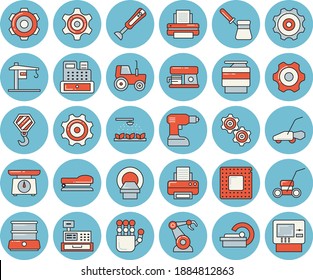 Thin line blue tinted icon set - crane flat vector, hook, cogwheel, drill screwdriver, weighing machine, turk, double boiler, blender, coffee, tractor, sprinkling, lawn mower, robotics, cash, copy