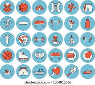 Thin line blue tinted icon set - dumbbell flat vector, barbell, skateboard, basketball, volleyball, carpal expander, sports equipment horse, pear, athletic shorts, tennis ball, roller Skates, yoga