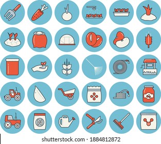 Thin line blue tinted icon set - flour flat vector, legumes, coffee beans, garlic, onion, jam, ear, seeds, fertilizer vectory, well, carrot, tractor, sprinkling machine, pitchfork, hose, secateurs