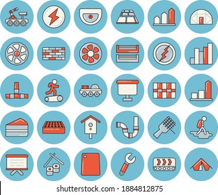 Thin line blue tinted icon set - brick wall flat vector, sink, pipes, tile, flooring, cutting board, spaghetti on a fork, piece of cake, fish rolls, nesting box, greenhouse, ventilation, conveyor