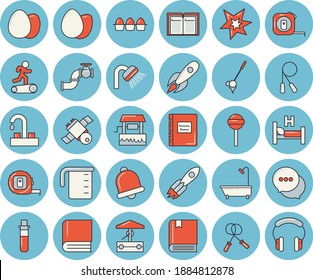 Thin line blue tinted icon set - faucet flat vector, tape measure, shower, meashuring cup, egg, lollipop, well, main pipeline, rocket, chat, blood test, hospital bed, book, satellit, spark, textbook