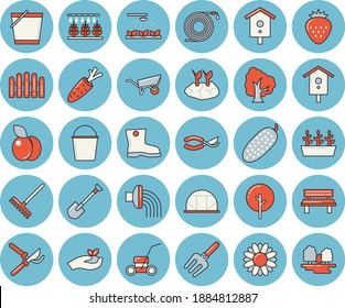 Thin line blue tinted icon set - wheelbarrow flat vector, cucumber, Strawberry, plum, nesting box, carrot, tree, flower, sprinkling machine, pitchfork, shovel, hose, fence, secateurs, seedlings