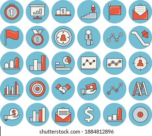 Thin line blue tinted icon set - ladder flat vector, target audience, chart, dollar, investments, statistics, scatter, flag, statistic, point diagram, agreement, businessman, career, medal, pedestal