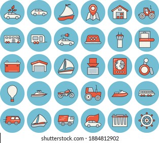 Thin line blue tinted icon set - tractor flat vector, accumulator, eco cars, electric, warehouse, trucking, sailboat, train, trailer, bus, airport tower, motorcycle, balloon, baggage claim, passport