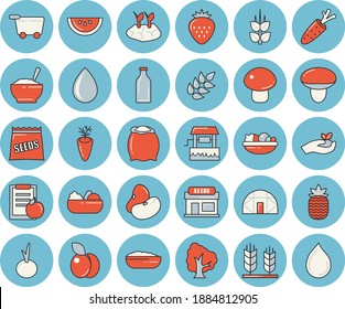 Thin line blue tinted icon set - flour flat vector, ear, legumes, watermelon, mushroom, salad, porridge, carrot, onion, Strawberry, pineapple, plum, seeds, well, tree, grain warehouse, seedlings