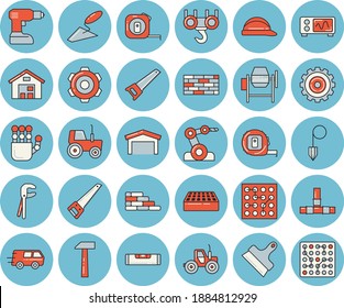 Thin line blue tinted icon set - brick wall flat vector, hook, concrete mixer, trowel, cogwheel, tool, drill screwdriver, saw, tape measure, pipes, level meter, hard hat, putty knife, hammer
