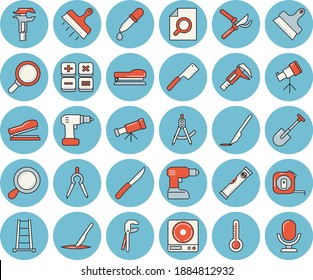 Ensemble d'icônes teintées bleues - outil image vectorielle à plat, tournevis à percer, mesure sur bande, mètre de niveau, couteau putté, machine à peser, couteaux, thermomètre, pelle, secateurs, échelle, tramel, séparateurs