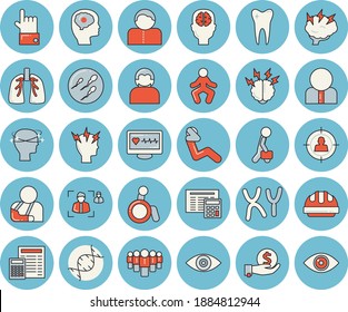 Thin line blue tinted icon set - hard hat flat vector, calculator, person, target audience, investments, team, computer diagnostics of health, injury, eye, headache, chromosomes, sperm, tooth, lungs