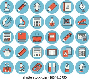 Juego de íconos de color azul delgado - calculadora vector plano, imán, microscopio, bloc de notas, abacus, lápiz de tinta, libro, grapadora, matraz, globo, libro de texto, tormenta de ideas, traducir, clip, encuadernador