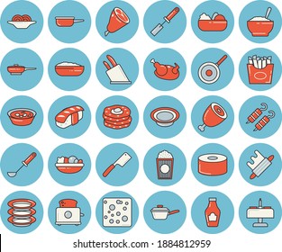Dünne, blaue, getönte Ikonenset - Bratpfanne, Vektor, Soße, Teflon, Leiter, Küchenspatel, Messer, Rollstift, Toaster, Teller, Ketschup, Käse, Konserven, Spaghetti, Schale, Salat, Suppe, Schinken
