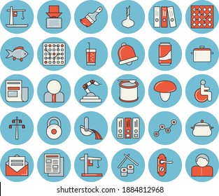 Thin line blue tinted icon set - paint brush flat vector, door lock, saucepan, mushroom, fish, onion, rolls, lemonade, soda, power line support, crane, robotics, metallurgy, person, scatter chart