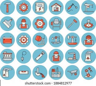 Dünnlinenblaues Symbol-Set - Kranflachvektor, Bauer, Betonmischer, Rollkarren, Zahnrad, Niveaumesser, Schaltkasten, Puttmesser, Baustempel, Axt, Hammer, Ölförderungsplattform