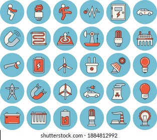 Juego de íconos de color azul claro - lámpara de ahorro de energía vector plano, caja de cambios, piso caliente, batería, solar, bombeo de aceite, molino de viento, fábrica, acumulador, enchufe, soporte de línea de alimentación, planta, imán