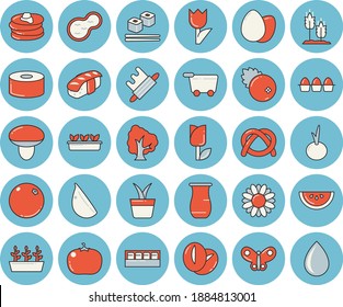 Thin line blue tinted icon set - rolling pin flat vector, spice, jugful, pancakes, bagel, egg, canned food, watermelon, coffee beans, garlic, onion, tomato, fish rolls, sashimi, cranberry, orange