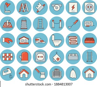 Thin line blue tinted icon set - house flat vector, brick wall, ladder, toilet, sockets, tile, switch box, warm floor, potholder, ladle, towel, rolling pin, turk, mixer, grater, reading lamp, hotel