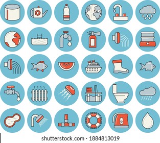 Thin line blue tinted icon set - faucet flat vector, toilet, shower, pipes, electric kettle, double boiler, fish, watermelon, watering can, hose irrigation, gumboots, water tap, rain, pond, pipe