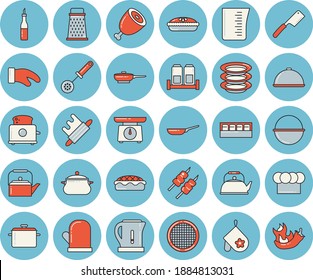 Thin line blue tinted icon set - saucepan flat vector, frying pan, cauldron, weighing machine, meashuring cup, teapot, electric kettle, cook hat, potholder, kitchen spoon, knives, rolling pin, spice