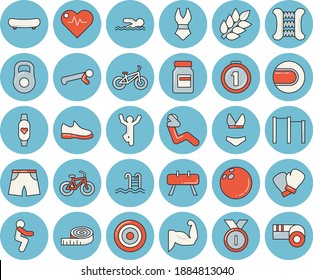 Thin line blue tinted icon set - weight flat vector, medal, sneakers, bowling ball, skateboard, heartbeat, centimeter, muscles, bicycle, vitamins, carpal expander, parallel bars, athletic shorts
