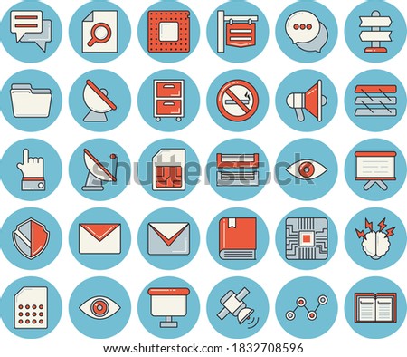 Thin line blue tinted icon set - satellite antenna flat vector, motherboard, SIM card, signboard, scatter chart, flipchart, chat, computer file, magnifier, paper tray, archive, mail, satellit, cpu