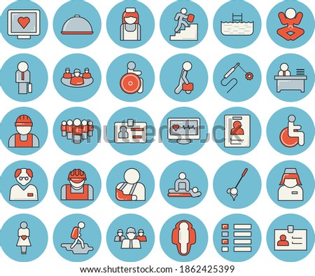 Thin line blue tinted icon set - builder flat vector, dish, construction worker, welding, team, computer diagnostics of health, disabled, massage, injury, gestation, nurse, teamwork, badge, office