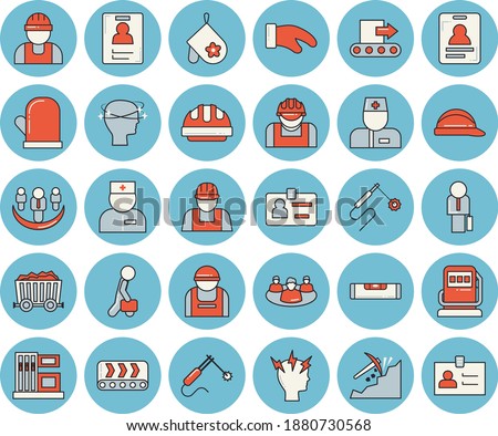Thin line blue tinted icon set - builder flat vector, level meter, hard hat, potholder, gas station, refueling, conveyor, construction worker, welding, mining, physician, headache, teamwork, badge