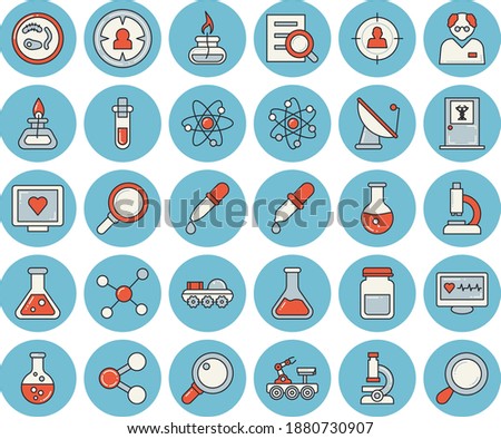 Thin line blue tinted icon set - chemistry flat vector, satellite antenna, magnifier, target audience, molecules, pipette, computer diagnostics of health, microscope, medical analysis, flask, atom