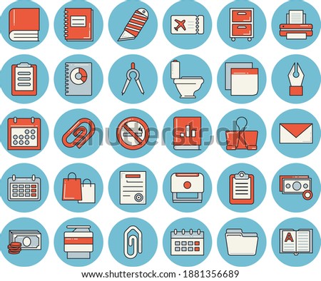 Thin line blue tinted icon set - toilet flat vector, stationery knife, dividers, cash, calendar, bags, book balance accounting, clipboard, notebook, computer file, ink pen, sticker, printer, archive