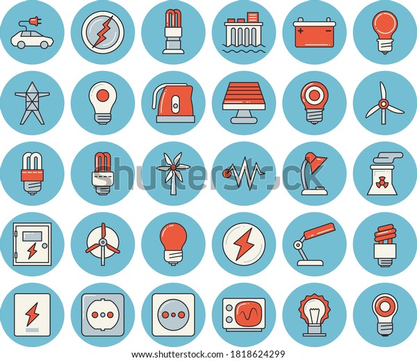 Thin line blue tinted icon set - sockets flat\
vector, energy saving lamp, switch box, electric kettle, windmill,\
solar battery, accumulator, socket, power line support,\
hydroelectric station,\
cars