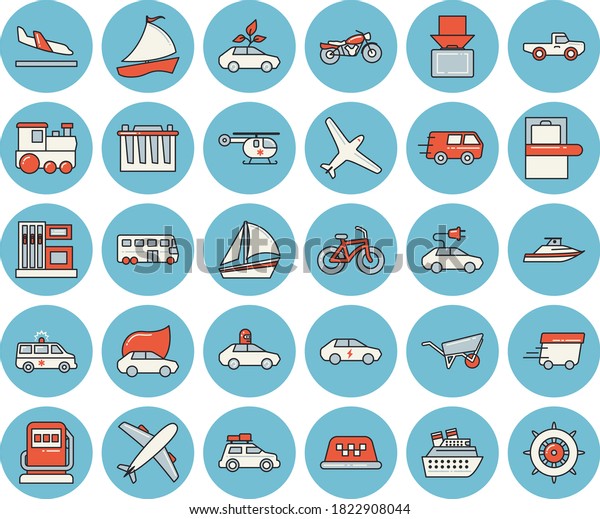 Thin line blue tinted icon set - wheelbarrow flat\
vector, pickup truck, gas station, refueling, accumulator, eco\
cars, electric, autopilot, trucking, express delivery, sailboat,\
ambulance, bicycle
