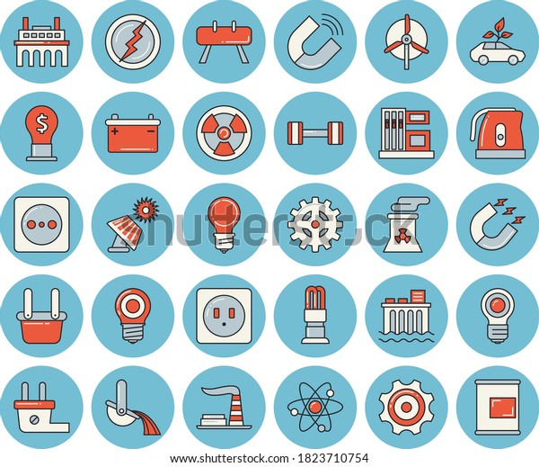 Thin line blue tinted icon set - sockets flat\
vector, electric kettle, solar battery, gas station, factory,\
accumulator, lamp, socket, plug, hydroelectric power, plant,\
cogwheel, radiation, eco\
cars