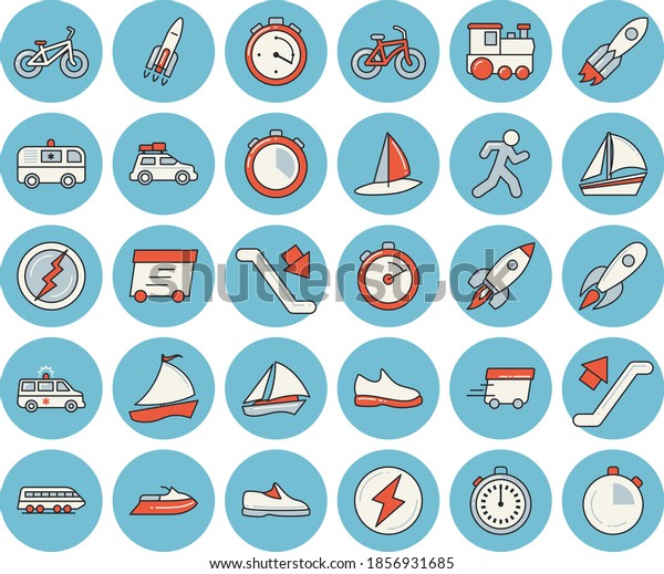 Thin\
line blue tinted icon set - stopwatch flat vector, rocket, express\
delivery, sailboat, ambulance, lightning, sneakers, bicycle, run,\
train, car, escalator, water scooter,\
windsurfing