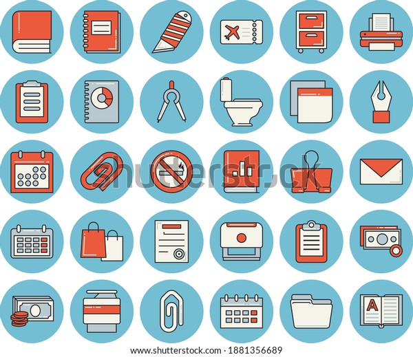 Thin line blue tinted icon set - toilet flat\
vector, stationery knife, dividers, cash, calendar, bags, book\
balance accounting, clipboard, notebook, computer file, ink pen,\
sticker, printer, archive