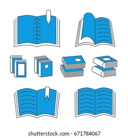 Thin line book icons with color elements isolated on white. Vector illustration