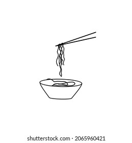 Thin line bowl noodle chopsticks icon isolated on white background