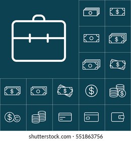 thin line briefcase, portfolio icon on blue background, business icons set