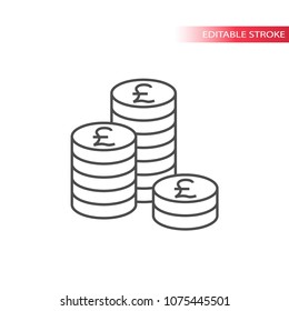 Thin line british pound coin stack icon. Outline, fully editable british pounds coins stacks icon.